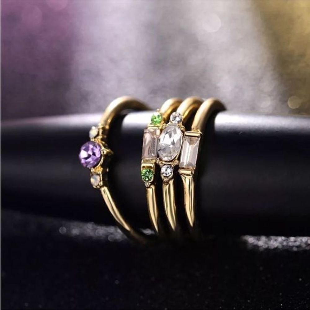 Stackable Goldtone Rings With Gems Bohemian Style Set NEW IN PACKAGE